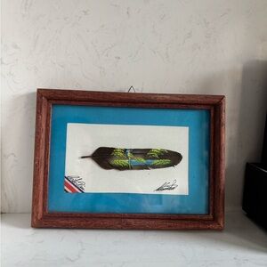 Framed Feather Art with Bird and Landscape Painting From Costa Rica Signed